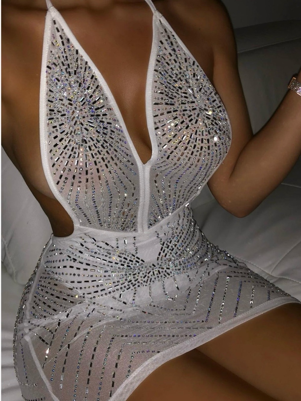 🌺Fashion Nova White Rhinestone Mesh Halter Mini Dress🌺